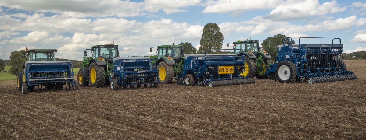 Agrowdrills by Agrowplow lined up in the field.