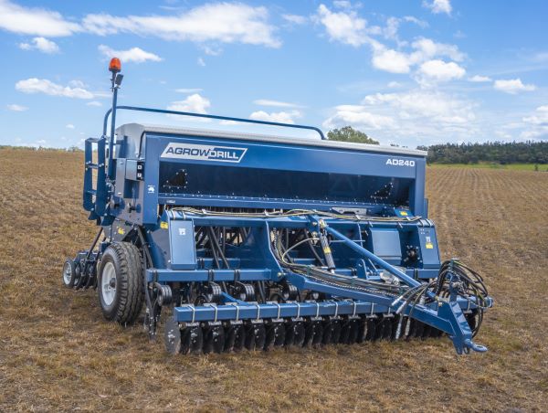 Agrowdrill AD240 Seed Drill with Coulters, presshweels, double-chuting, Small Seed Box, road kit and rear tow hitch