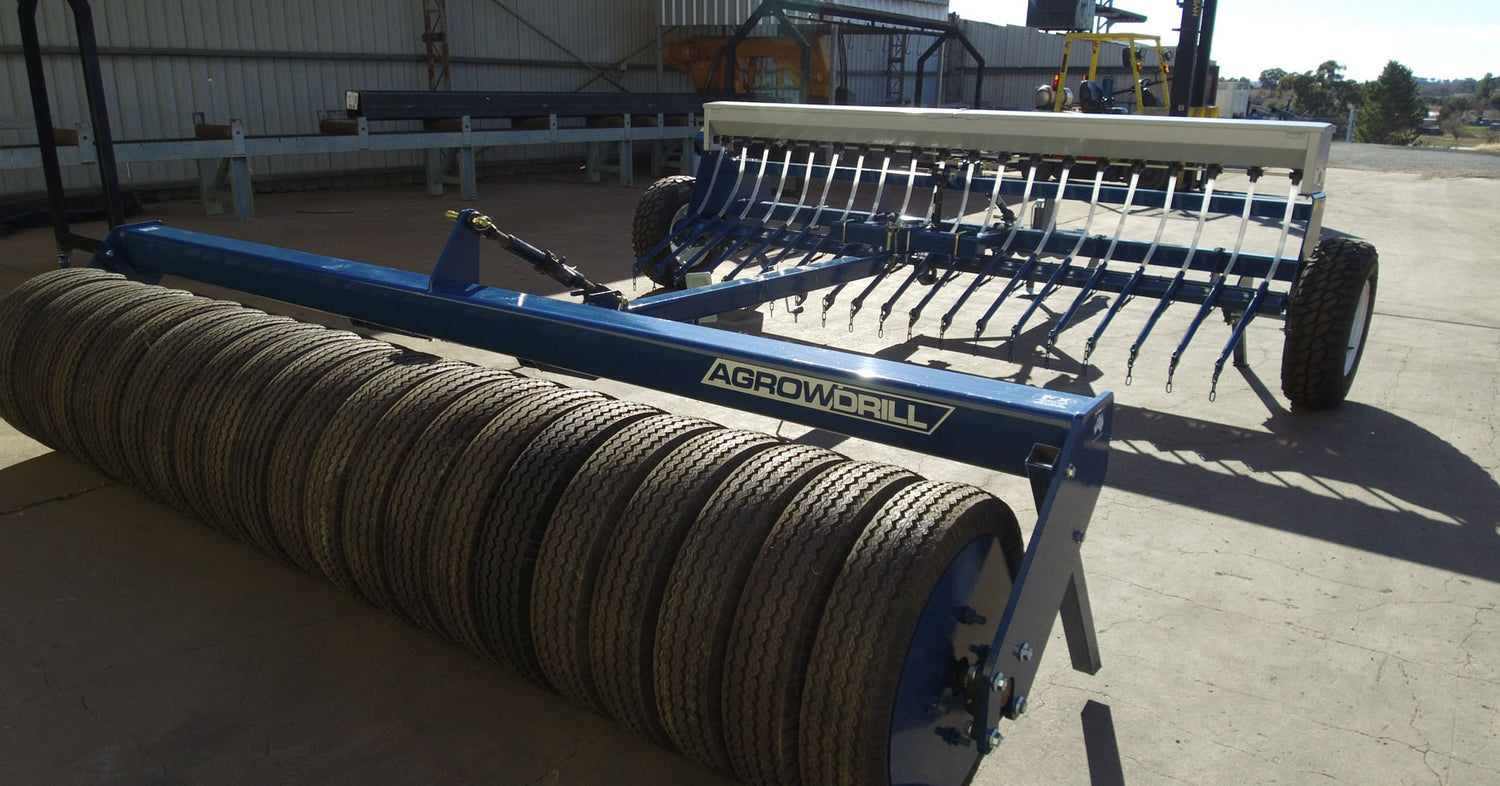 Rubber Tre Roller behind Agrowdrill Pasture Seeder