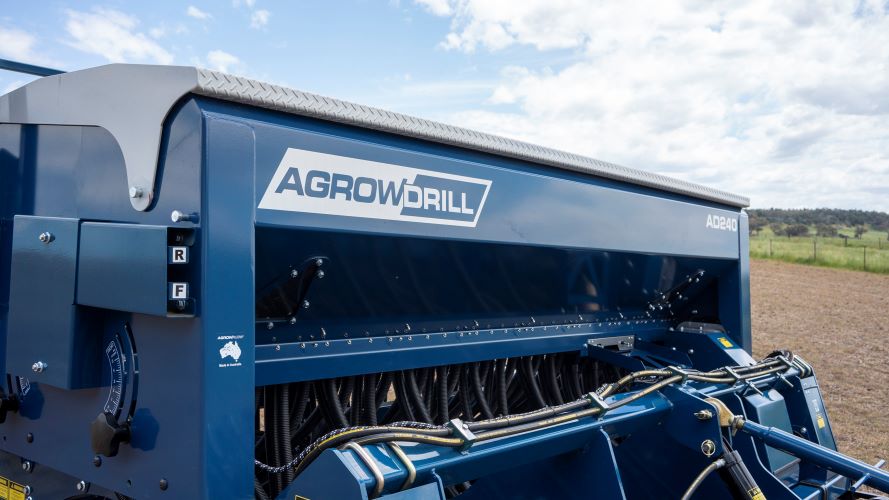 Agrowdrill AD240 large dual hopper with powder coated lid