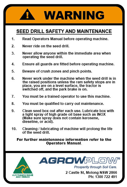 Decal Warning Seed Drill Safety