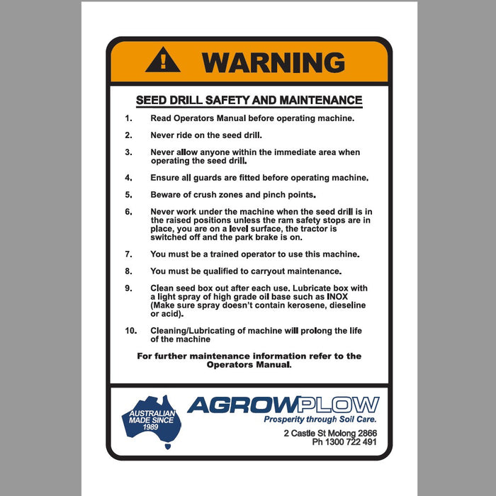 Decal Warning Seed Drill Safety